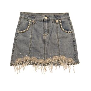 Pearl-Embellished Denim Mini Skirt
